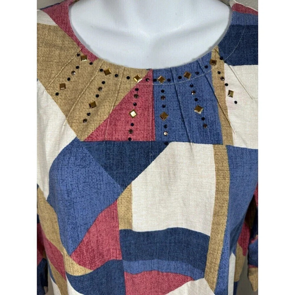 ALFRED DUNNER Multicolor Studded Detail Crew Neck Cotton Blend T-Shirt Top M - Picture 2 of 9